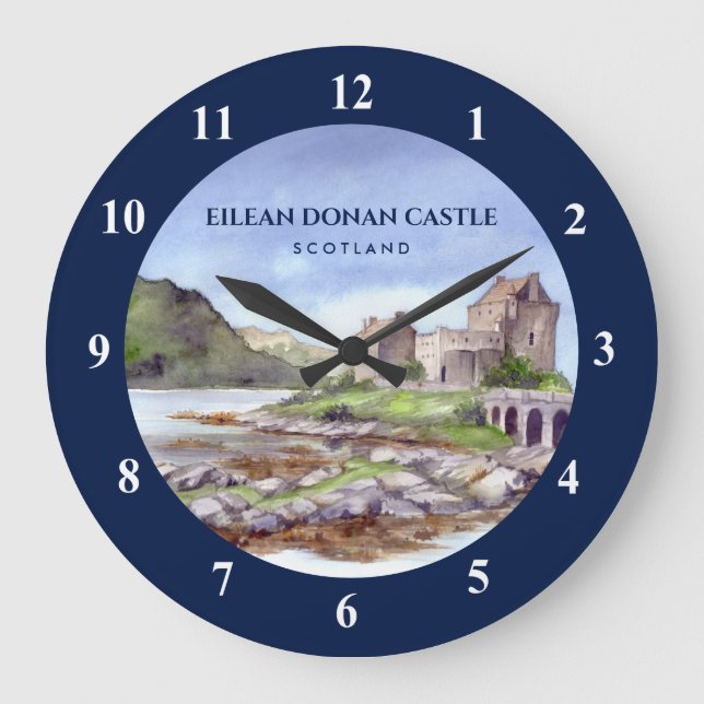 Eilean Donan Castle Scotland Aquarellmalerei Große Wanduhr (Vorderseite)