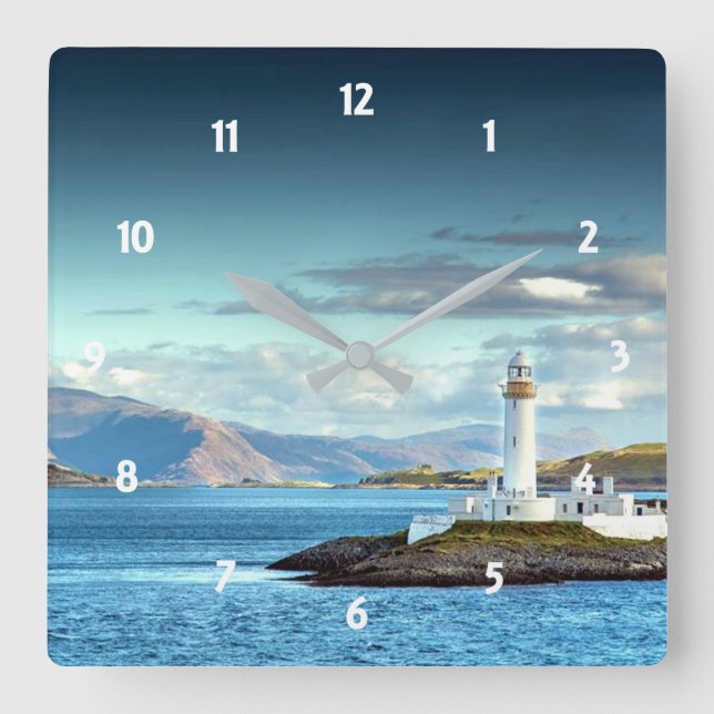 Eilean Musdile Lighthouse Schottland Landschaftlic Quadratische Wanduhr (Vorderseite)