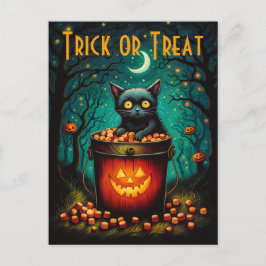 Eimer mit Süßigkeiten und Halloween mit schwarzer Postkarte
