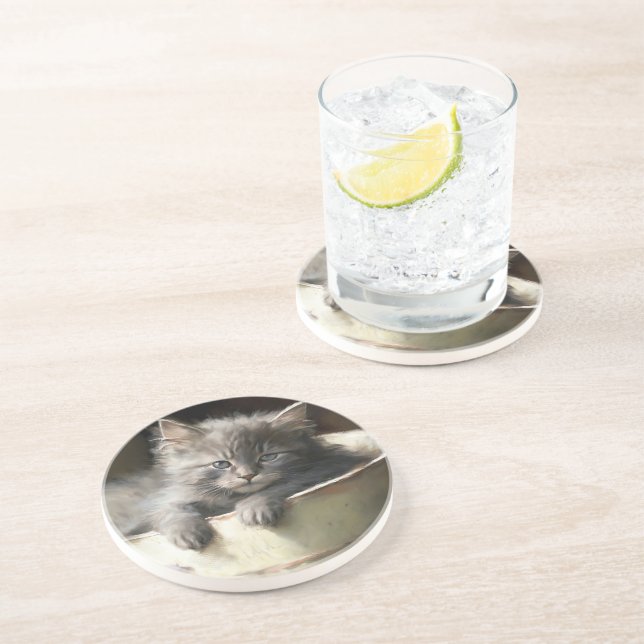 Eimer voll von Joy Sweet Gray Kitten Getränkeuntersetzer (Seite)