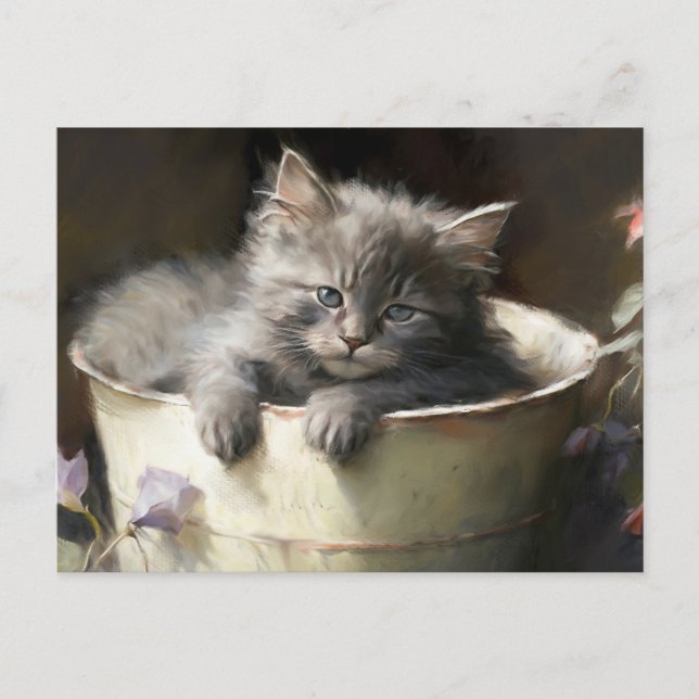Eimer voll von Joy Sweet Gray Kitten Postkarte (Vorderseite)