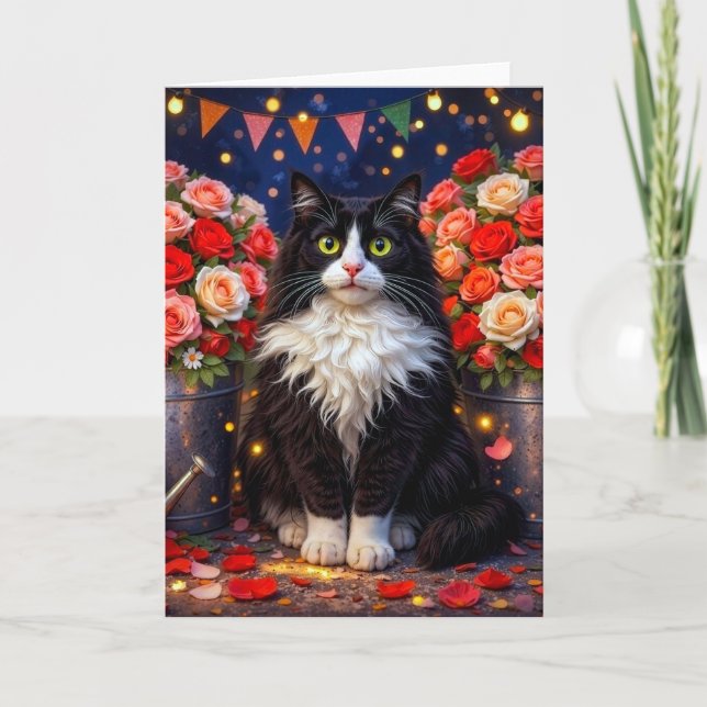 Eimer voller Rosen, Katze  Karte (Vorderseite)