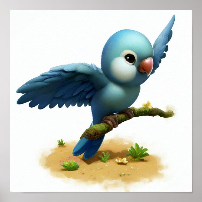 Ein 3D-Aquarellbild eines blauen Papagei Poster (Vorne)