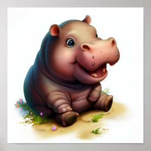 Ein 3D-Aquarellbild eines Niedlichen Hippopotamus Poster