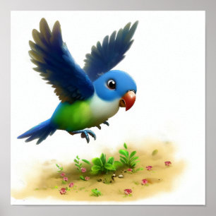 Ein 3D-Bild eines blau gekrönten Hängepapagei Poster