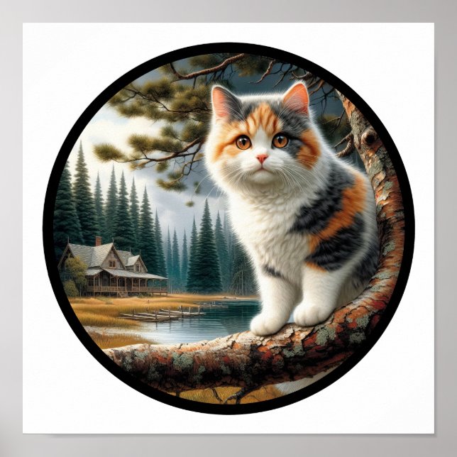 Ein 3D-Rundbild einer schönen Calico Katze Poster (Vorne)