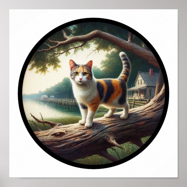 Ein 3D-Rundbild einer schönen Calico Katze Poster (Vorne)