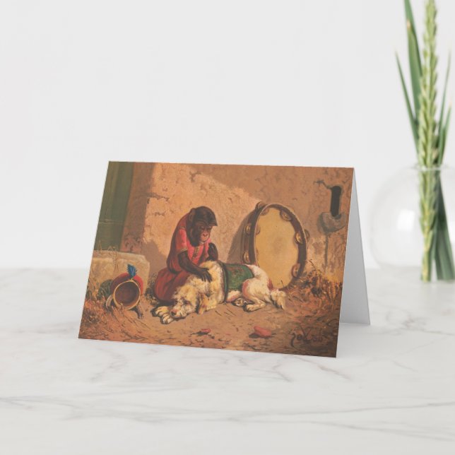 Ein Affe und ein Hund mit einem großen Tambourin Karte (Vorderseite)