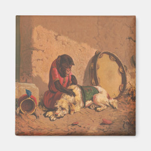 Ein Affe und ein Hund mit einem großen Tambourin Magnet