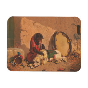 Ein Affe und ein Hund mit einem großen Tambourin Magnet