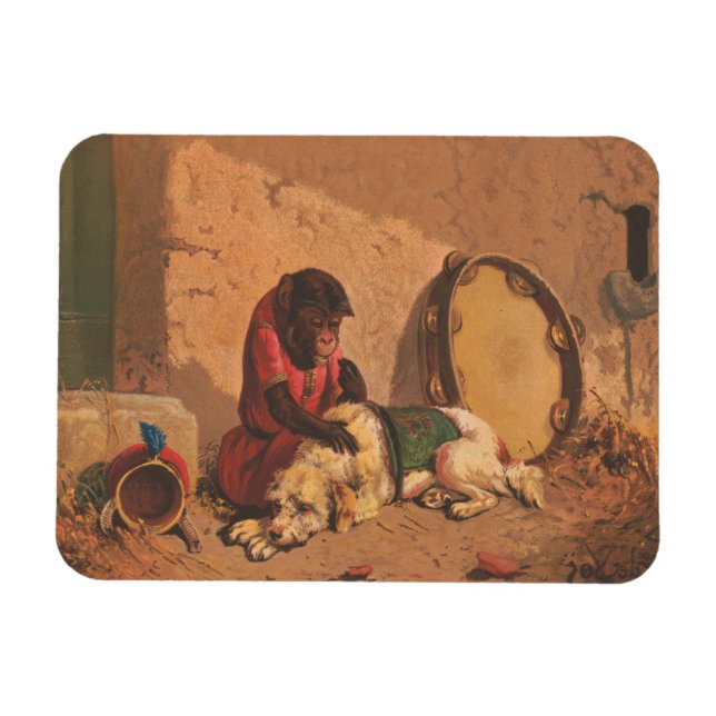 Ein Affe und ein Hund mit einem großen Tambourin Magnet (Horizontal)