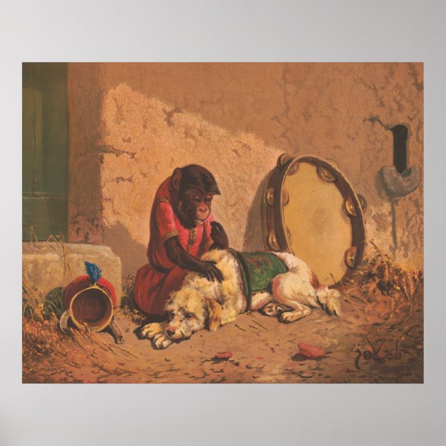 Ein Affe und ein Hund mit einem großen Tambourin Poster (Vorne)