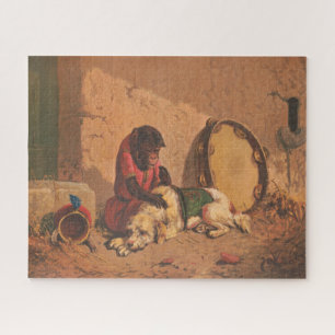 Ein Affe und ein Hund mit einem großen Tambourin Puzzle