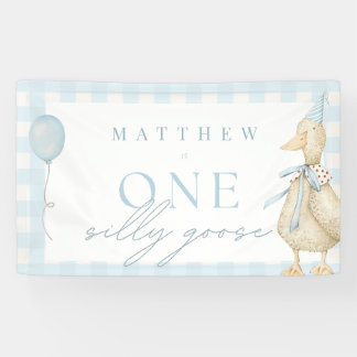 Ein Alberner Gänse Gingham Blue Boy 1. Geburtstag Banner