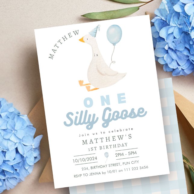 Ein Alberner Gänseblauer Junge 1. Geburtstag Einladung (One Silly Goose Blue Boy 1st Birthday Invitation)