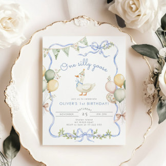 Ein Alberner Gänseblauer Junge 1. Geburtstag Einladung