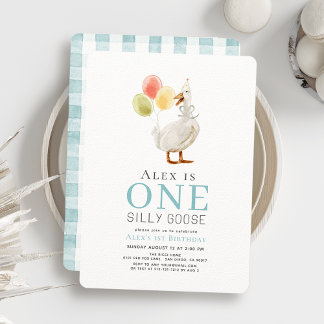 Ein Alberner Gänserboy Blue Gingham 1. Geburtstag Einladung