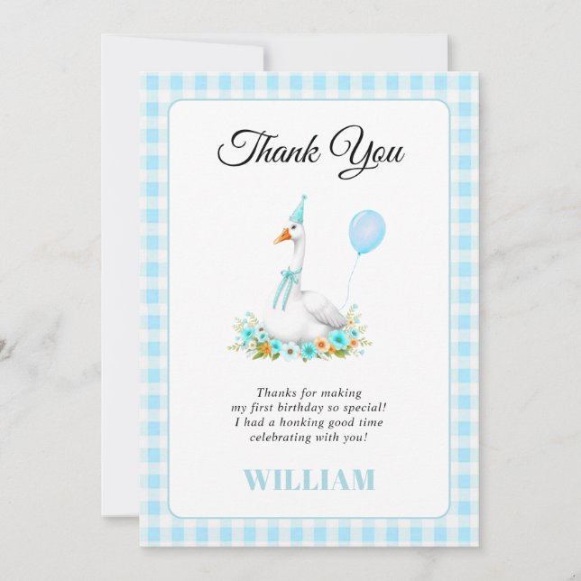 Ein alberner Gänserknabe zum 1. Geburtstag blauer  Dankeskarte (Vorderseite)
