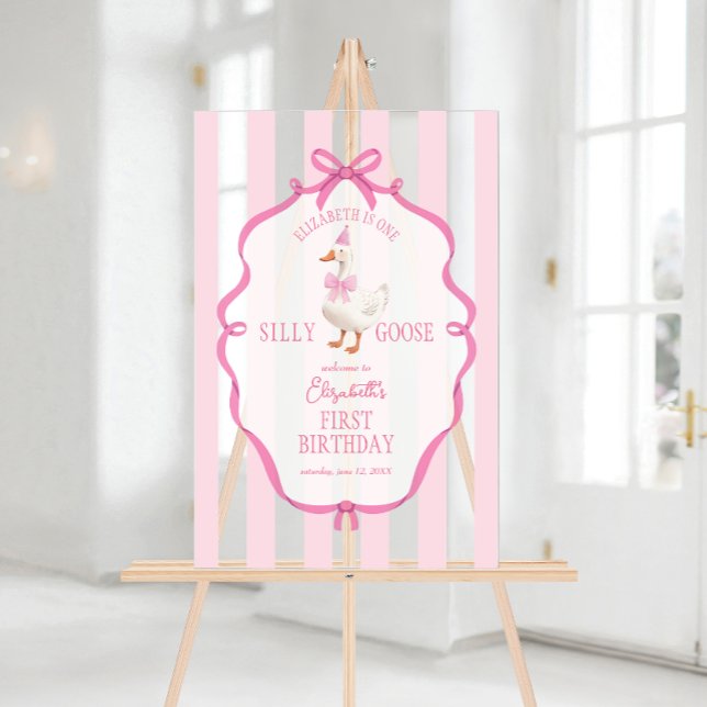 Ein Alberner Gänserosa-Bogen zum ersten Geburtstag Acrylschild (One Silly Goose Pink Bow First Birthday Welcome Acrylic Sign)