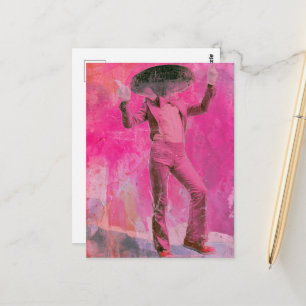 Ein alberner lustiger retro tanzender Pilz in Rosa Postkarte