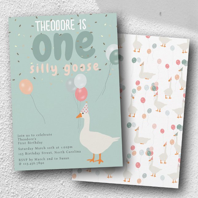 Ein Albernes Gänse 1. Geburtstag Party Blau Einladung (Boy's One Silly Goose 1st Birthday Party Blue Invitation)