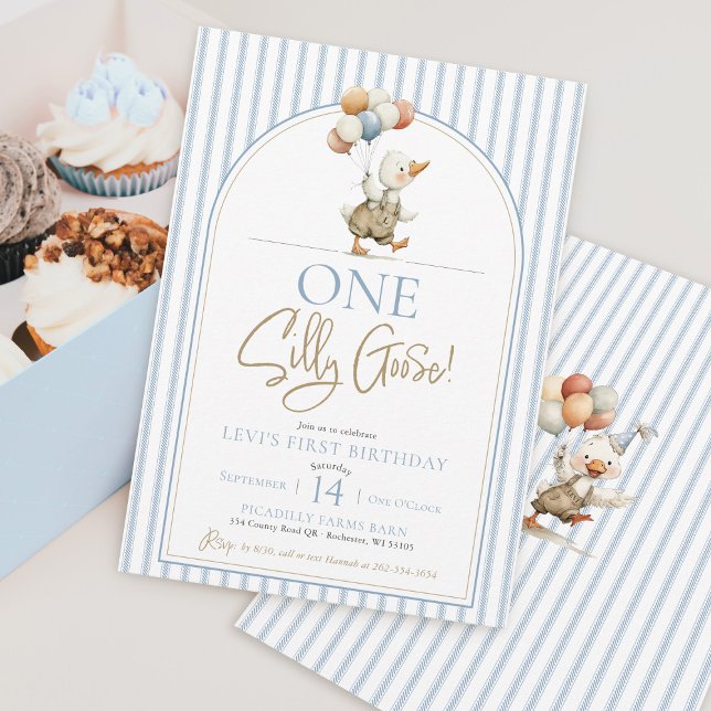 Ein Albernes Gänse Niedlich Pinstripe Junge 1. Geb Einladung (ONE Silly Goose cute modern whimsical blue ticking pinstripe stripe arch boy 1st birthday invitation)