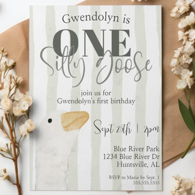 Ein Albernes GänseNiedliches Wasserfarben 1. Gebur Einladung (One silly goose first birthday party invitation cute watercolor boy or girl 1st bday party  green)