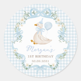 Ein Albernes Goose Blue Bow Floral 1. Geburtstag P Runder Aufkleber