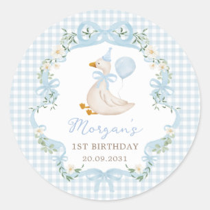 Ein Albernes Goose Blue Bow Floral 1. Geburtstag P Runder Aufkleber