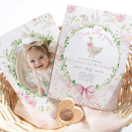 Ein Albernes Goose Pink Bow Girl Foto 1. Geburtsta Einladung