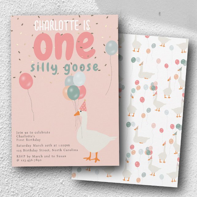 Ein Albernes Mädchen 1. Geburtstag Party Rosa Einladung (Girl's One Silly Goose 1st Birthday Party Pink Invitation)