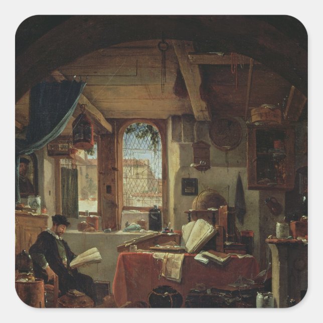 Ein Alchemist in seinem Labor Quadratischer Aufkleber (Vorderseite)