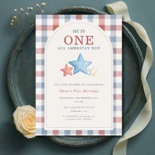 Ein All American Boy Gingham 1. Geburtstag Einladung