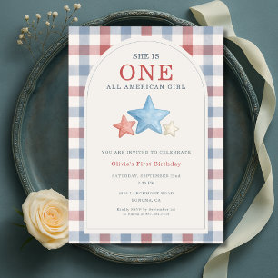 Ein All American Girl Gingham 1. Geburtstag Einladung
