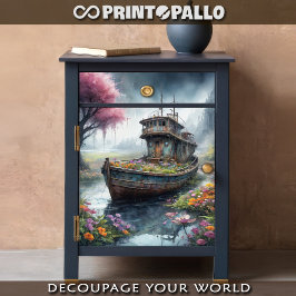 Ein altes Fischerboot, das in einem blühenden Sump Seidenpapier