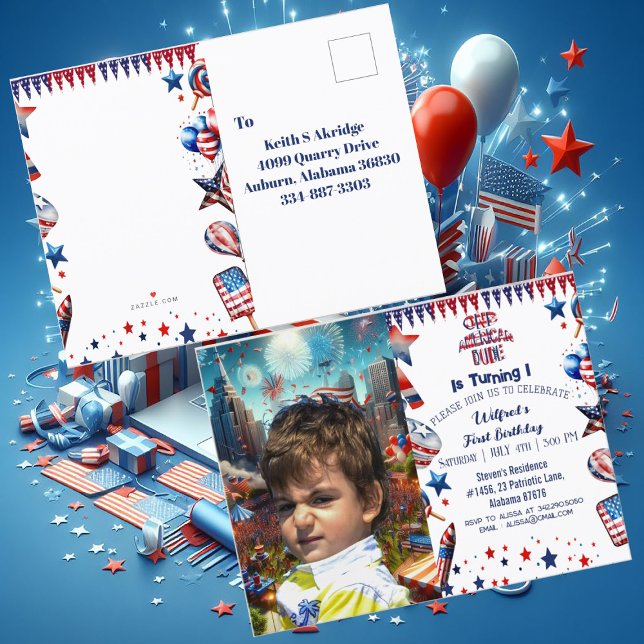 Ein amerikanischer Typ 4. Juli Red White Blue Gebu Einladungspostkarte (One American Dude 4 July Red White Blue Birthday Invitation Postcard)