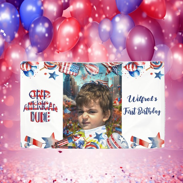 Ein amerikanischer Typ Red White Blue Birthday Fot Banner (One American Dude Red White Blue Birthday Photo Banner)