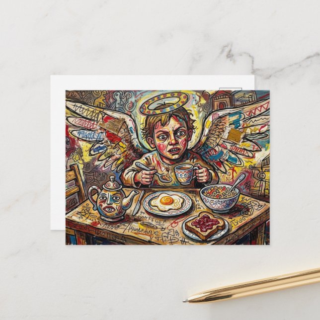 Ein ängstlicher Engel beim Frühstück Postkarte (Vorderseite/Rückseite Beispiel)