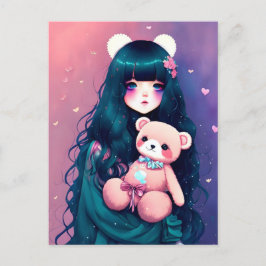 Ein Anime-Mädchen mit einem Teddy-Bär, Postüberque Postkarte