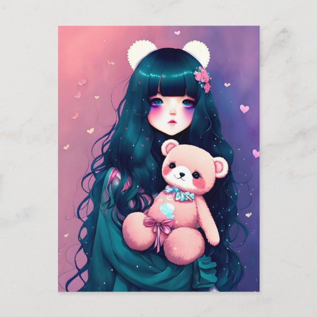 Ein Anime-Mädchen mit einem Teddy-Bär, Postüberque Postkarte (Vorderseite)
