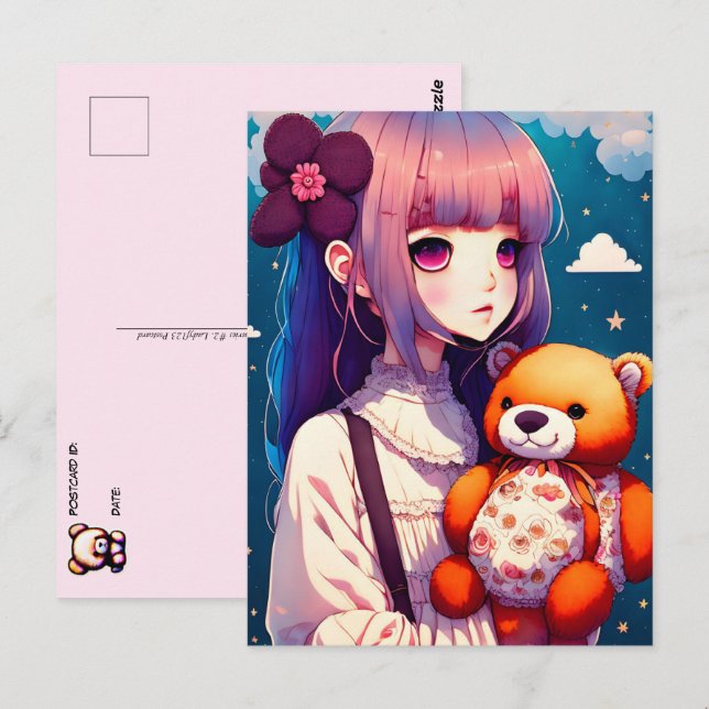 Ein Anime-Mädchen mit einem Teddy-Bär, Postüberque Postkarte (Vorne/Hinten)