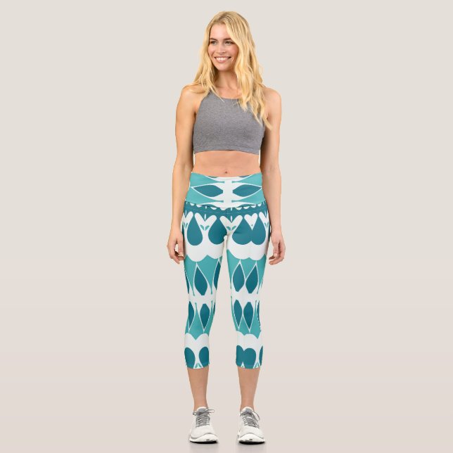 Ein aquamarin-weiß-trendiges Stoffmuster Design Ca Capri Leggings (Vorderseite)