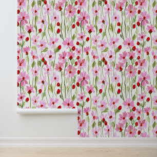 Ein Aquarellfeld mit rosa, wilden Blume Tapete