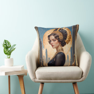 Ein Art Deco Beauty by a Golden Disc by Xzendor7 Kissen