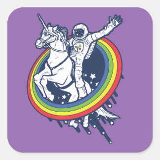 Ein Astronaut, der ein Einhorn durch einen Regenbo Quadratischer Aufkleber
