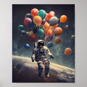 Ein Astronaut, der in der Luft mit Ballons schwebe Poster