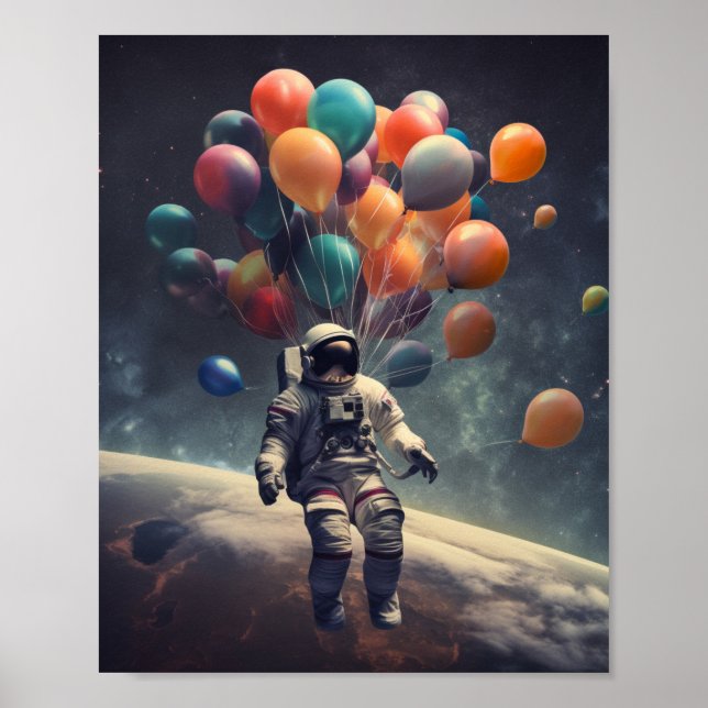 Ein Astronaut, der in der Luft mit Ballons schwebe Poster (Vorne)