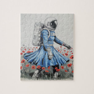 ein Astronaut in einem blauen Kleid, der in Mohnbl Puzzle