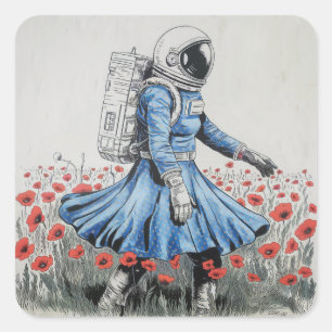 ein Astronaut in einem blauen Kleid, der in Mohnbl Quadratischer Aufkleber