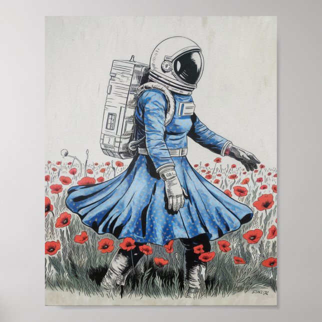 ein Astronaut in einem blauen Kleid, der in Pappi  Poster (Vorne)